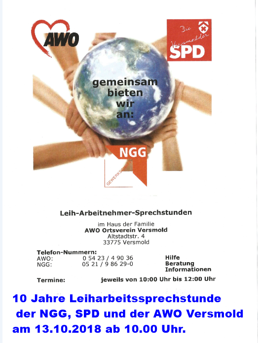 10 Jahre Leiharbeitssprechstunde der NGG, SPD und der AWO Versmold am 13.10.2018 ab 10.00 Uhr. 